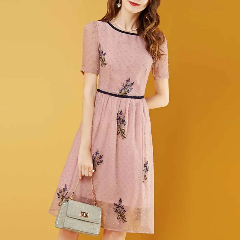 

WOMEN'S Dress Elegant Embroidered Chiffon Dress Pink by Age Slim Fit A- line Medium-length Dress Summer 2019 New Style Hot Selli