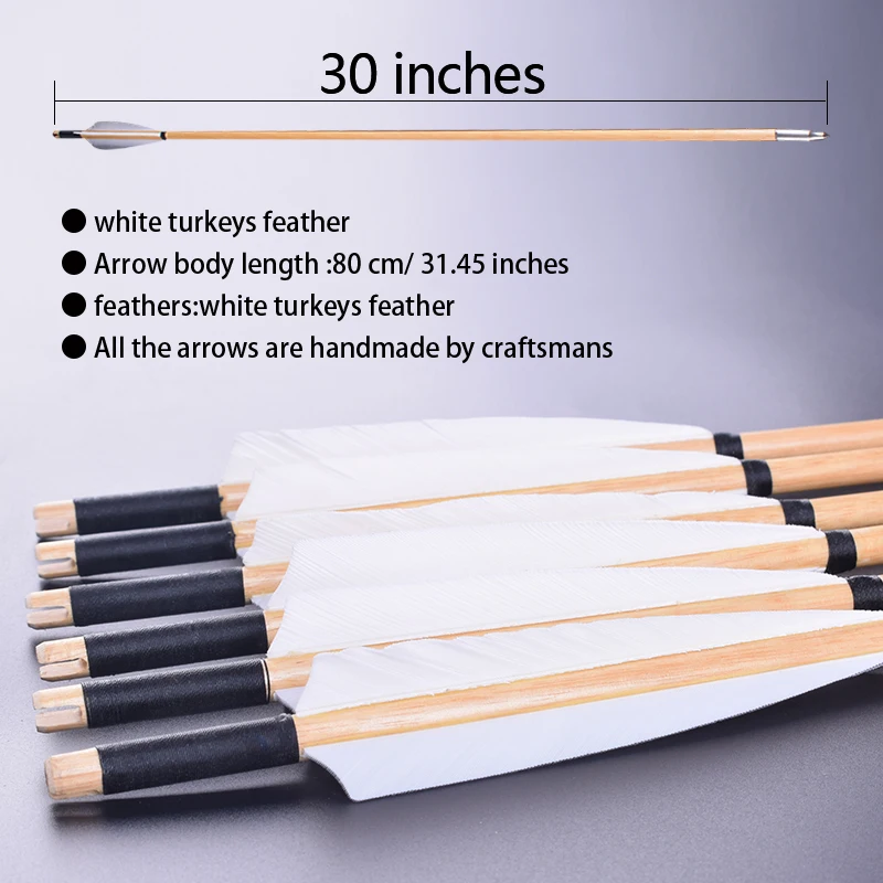 Стрельба из лука 31 дюймов деревянные стрелы ручной работы с настоящим белым пером индейки и железной стрелой для охоты 25-50lbs длинный лук Рекурсивный лук