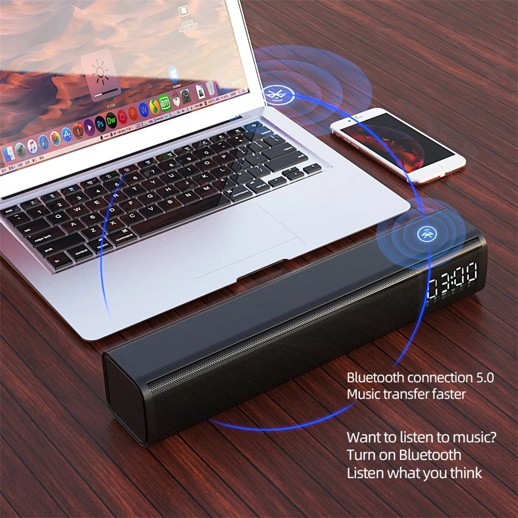 Bluetooth 5.0 Long Strip Double Horn 3D Surround Bass Speaker Subwoofer 2200mAh battery support TF card handsfree calling For PC