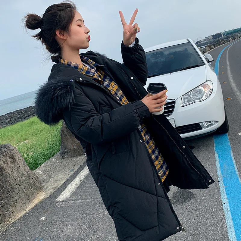 

2019 Winter New Style Korean-style Large Fur Collar over-the-Knee Cotton Coat CHIC Cotton-padded Jacket Mid-length Thick Coat do