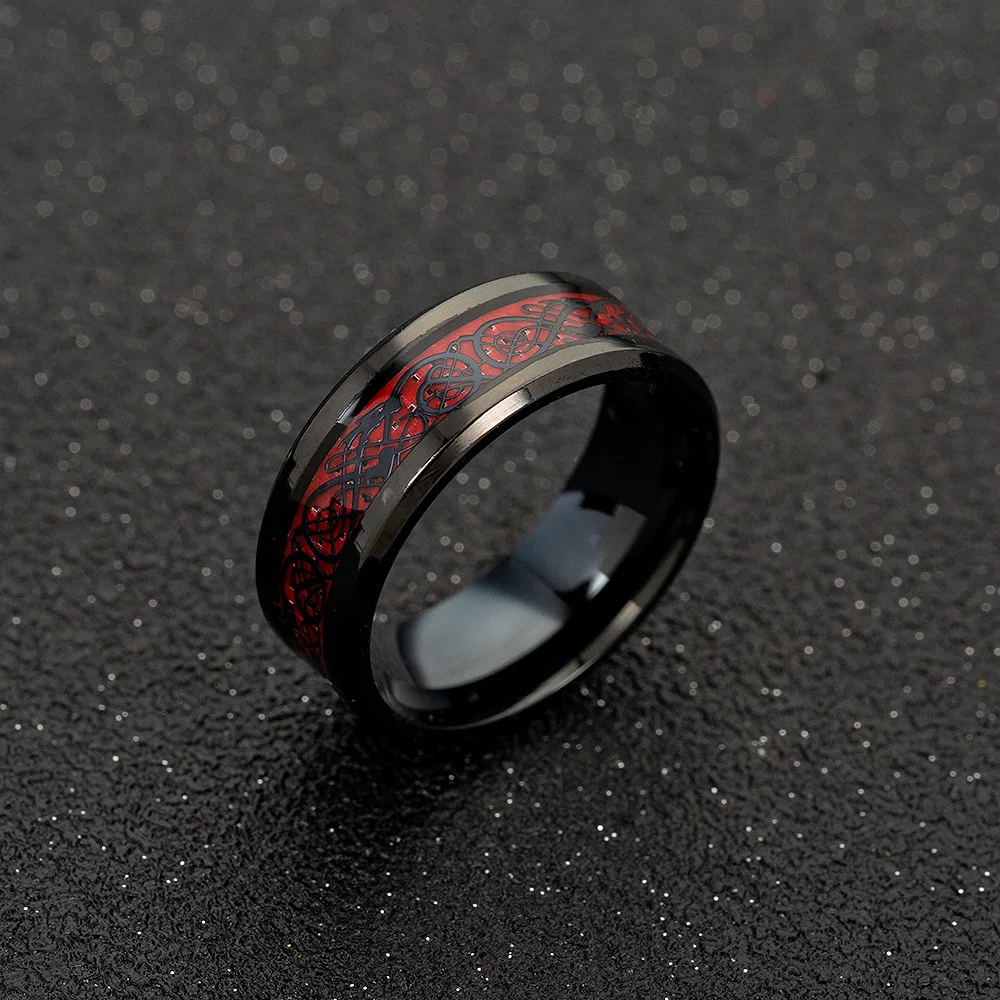 1 шт., властное мужское кольцо, красный, зеленый цвет, углеродное волокно, черный дракон, инкрустация, удобная посадка, кольца из нержавеющей стали для мужчин, обручальное кольцо