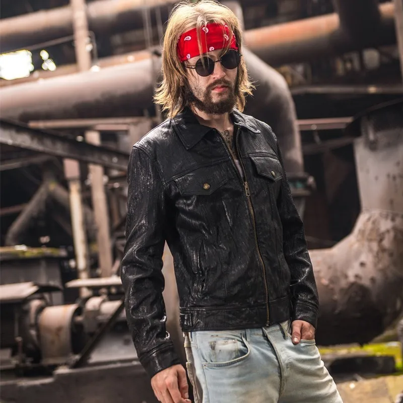 

Italian wine autumn men's 100% leather jacket leather pocket Gothic clothing coat coat shorts skin leather leather jacket