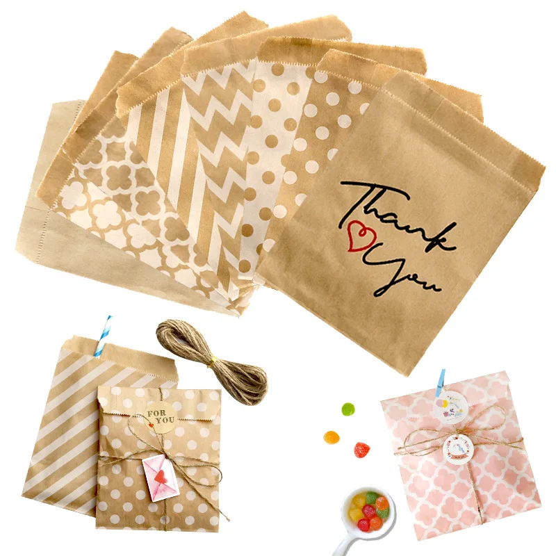 25pcs/pack Kraft Paper Bags Treat Candy Bag Chevron Polka Dot Bags for Birthday Wedding New Year Party Favors Gift Bags Packing