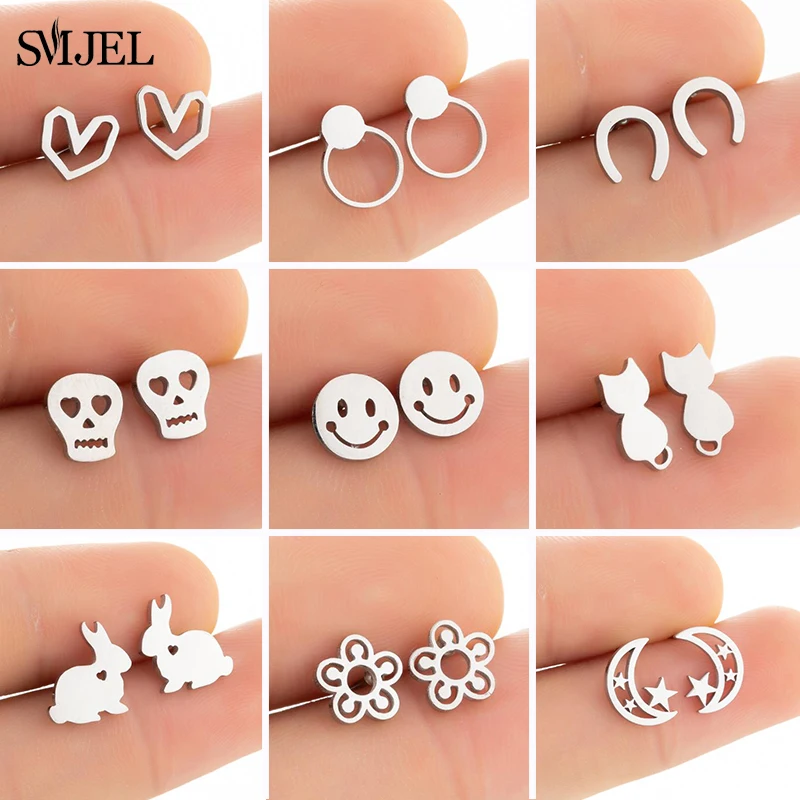 Earrings Studs Daisy-Flower Skull Smile-Face U-Horse Stainless-Steel Tiny Korean Kids