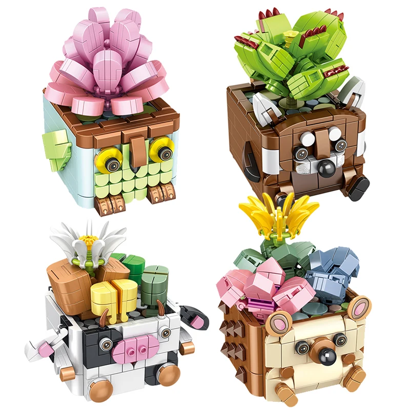 

4Pcs Plant Flower Series Succulent Bonsai Desktop Decoration Decompression Building Blocks Bricks Toys Christmas Gifts