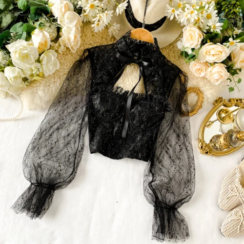 black Neploe, винтажная кружевная короткая блузка, рубашка, на шнуровке, с v-образным вырезом, топы для женщин, перспективная, газовая, пышная, с длинным рукавом, новинка 56949 - Цвет: black