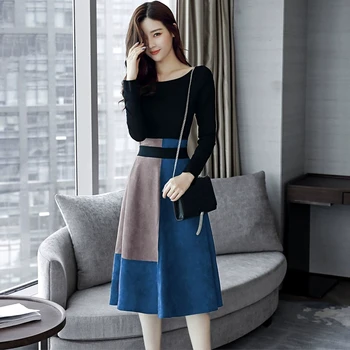 

Round Neck Long-sleeved Solid Knitted Bottoming Shirt Women Mid-length Stitching Elastic Waist Skirt Female Sets 2020 Spring