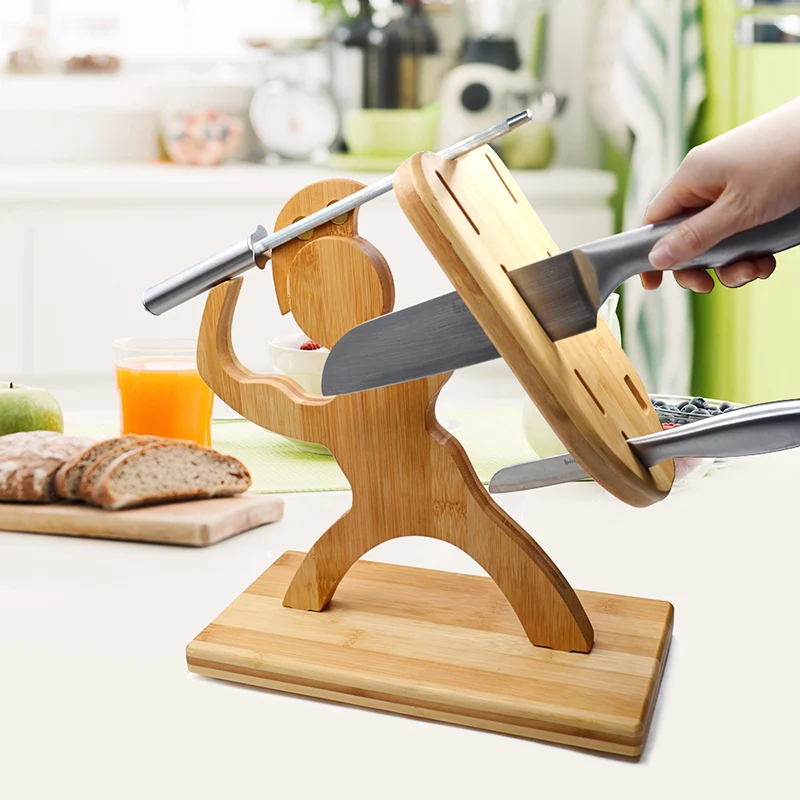 Human Shape Bamboo Wood Knife Holder Solid Kitchen Knife Block Multifunction Storage Rack Scissor Sharpening Stick Organizer