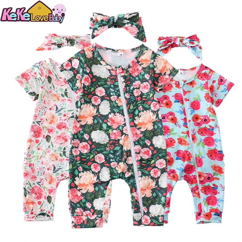 Newborn Baby Girl Romper Flower Summer Short Sleeve Zipper New Born Infant Jumpsuit Headband 2Pcs Outfits For Kids Clothes Set