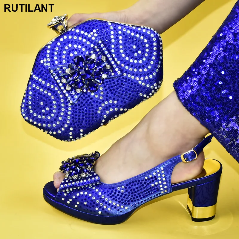 

Latest African Bag and Shoe Set Blue Bag and Shoe Italian Fashion Italian Women Wedding Pumps with Purse African Shoe for Women