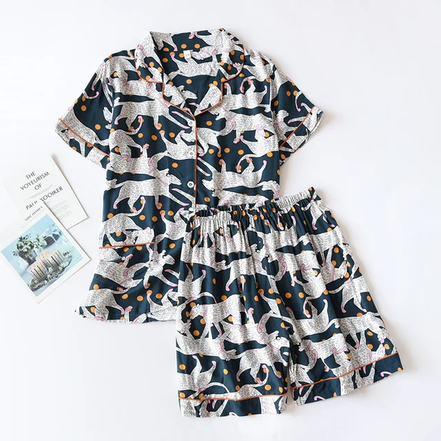 summer new women's pajamas thin section short-sleeved shorts large floral print pajamas home service ladies pajamas for women 08