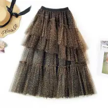 Летние леопардовые тюлевые юбки с цветочной вышивкой, длинная юбка с высокой талией, плиссированная юбка с высокой талией, женские юбки-пачки DV570