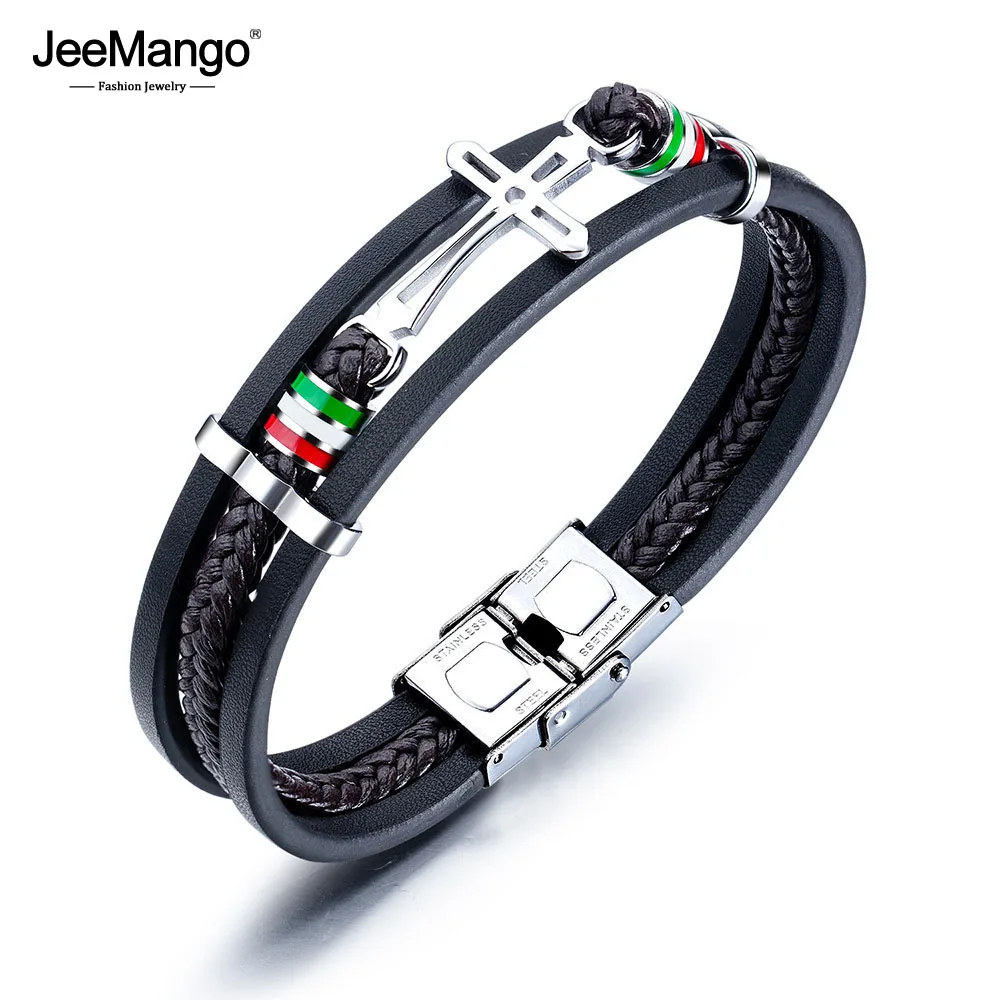 

JeeMango Multilayer PU Leather Jesus Cross Men Charm Cuff Bracelet Fashion Punk Rock Male Stainless Steel Wrap Bangles JOPH1324