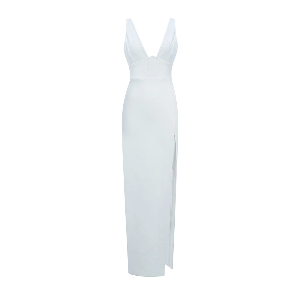 Summer Hot New Chic High Split Design Sexy Sleeveless V Neck Celebrity Party Bandage Ankle Length Dress - Цвет: Белый