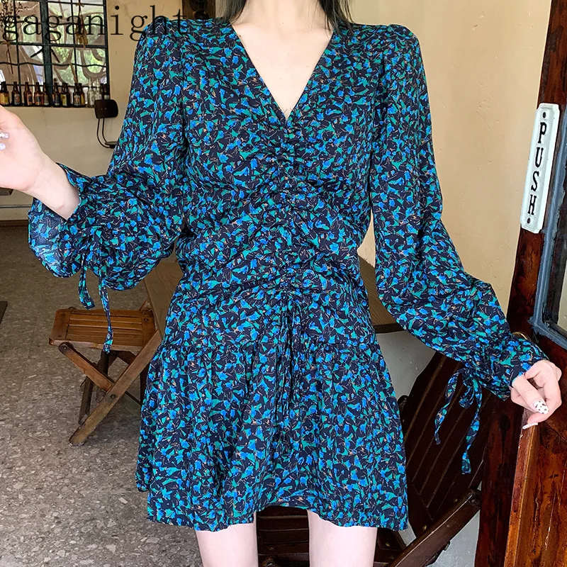 Женское Короткое платье Gaganight винтажное с длинным рукавом и v-образным вырезом на