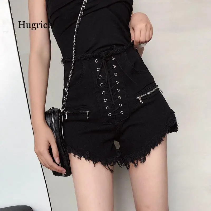 Women Stylish Summer Denim Shorts Lace Up High Waist Pockets Female Casual Streetwear White Short Jeans 2021