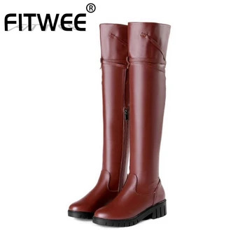 

FITWEE Ladies Over The Knee Boots Flats Heel Buckle Winter Warm Fashion Shoes Women Round Toe High Quality Boot Size 34-43
