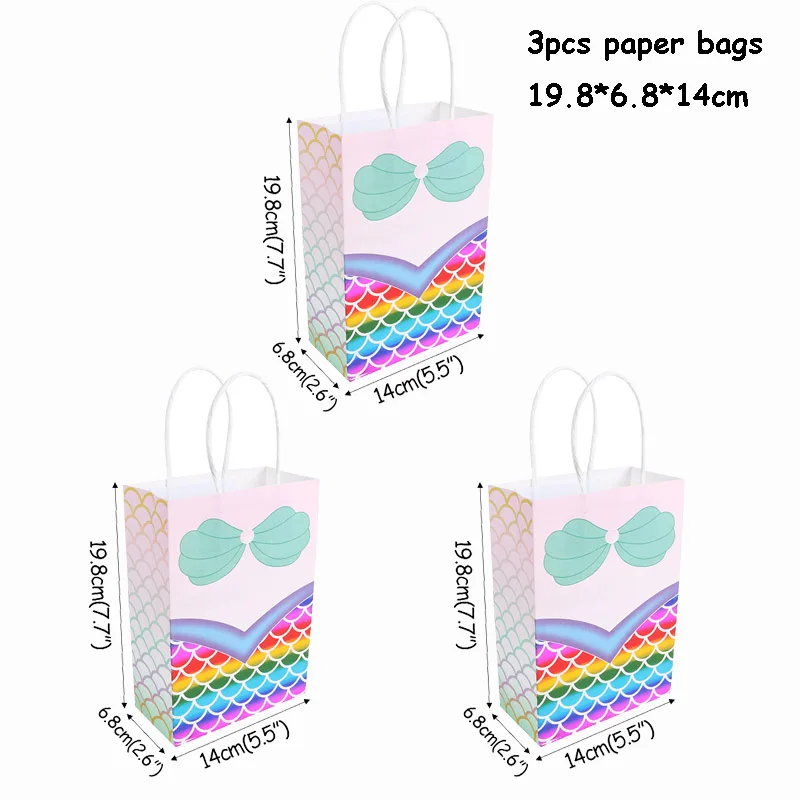 3pcs paper bags Вечерние подарочные пакеты с ручками, бумажная упаковка, для детей, гостей, конфет, для выпечки, сумка, джунгли, Русалка, декор для дня рождения - Цвет: 3pcs paper bags