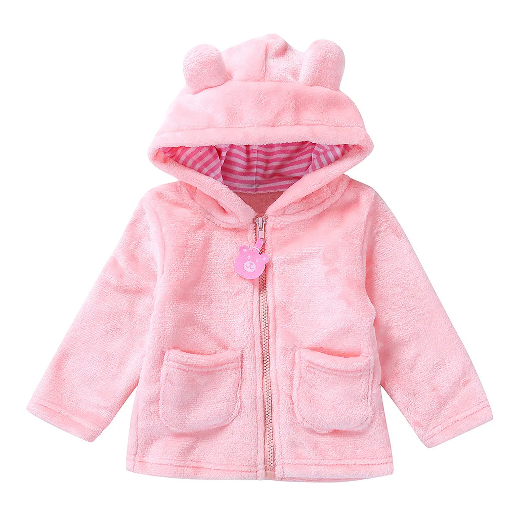 Г. Куртки на молнии с капюшоном и длинными рукавами с изображением медведя верхняя одежда для новорожденных мальчиков и девочек, теплое пальто с капюшоном и длинными рукавами с героями мультфильмов, зимний комбинезон - Цвет: Розовый