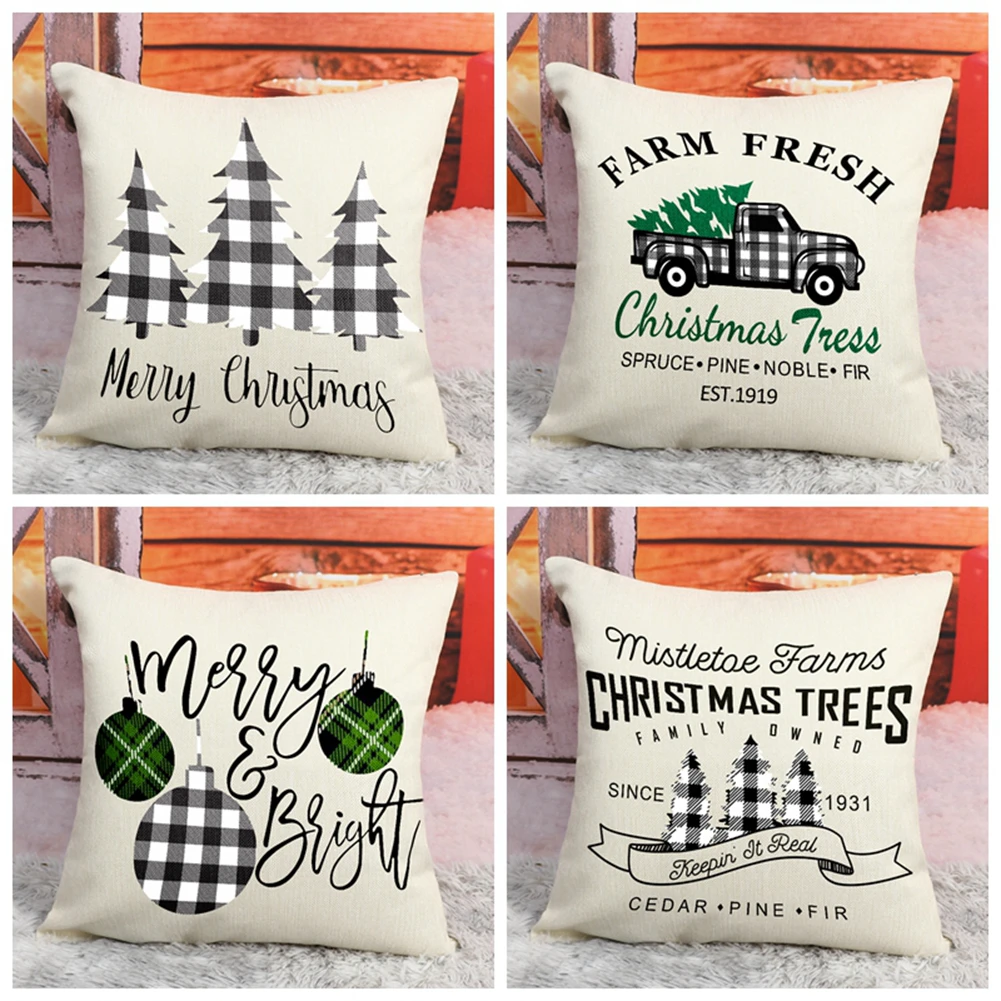 Christmas Pillow Covers 18x18 inch Black White Buffalo Plaids Farmhouse Sofa Decor Square Linen Throw Cases Home Decorations | Дом и сад