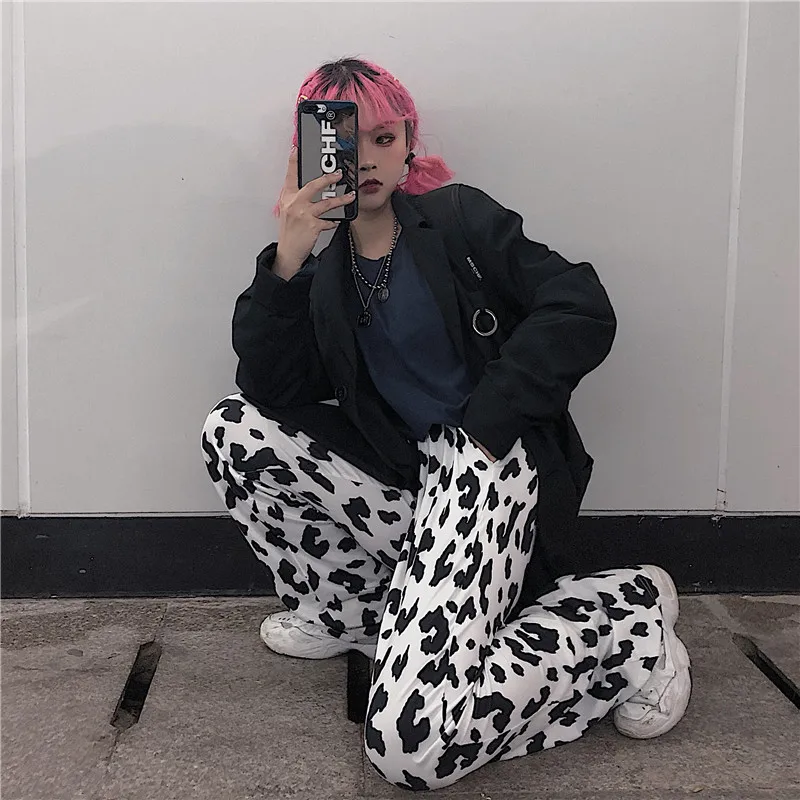 Deeptown Cow Print Wide Leg Pants for Women Korean Style Oversized Women Fashion Pants Harajuku Autumn 2020 Plus Size Trousers
