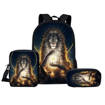 

2020 New Hot 3pcs/set School Bag Cool Lion Print School Backpack Set for Boys Child Kid Tiger Head Elementary Student Bookbag