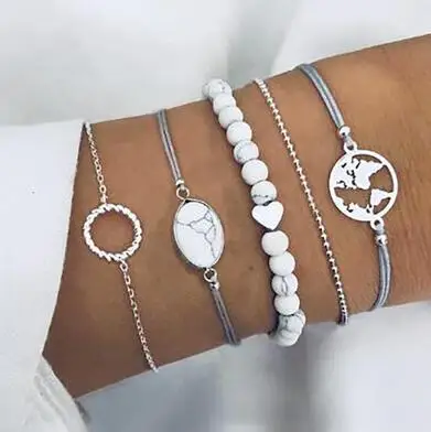 5 шт./компл. в богемном стиле Модные драгоценные камни в форме сердца, хорошие украшения из бисера карта круг Кристальный серебряный браслет набор Для женщин ретро пляжные шорты мужские ювелирные изделия, аксессуары