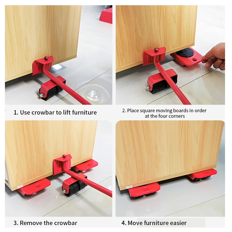 5 Pcs Furniture Moving Transport Roller Set Removal Lifting Moving Tool Set Wheel Bar Mover Device Max Up for 400 KG-4