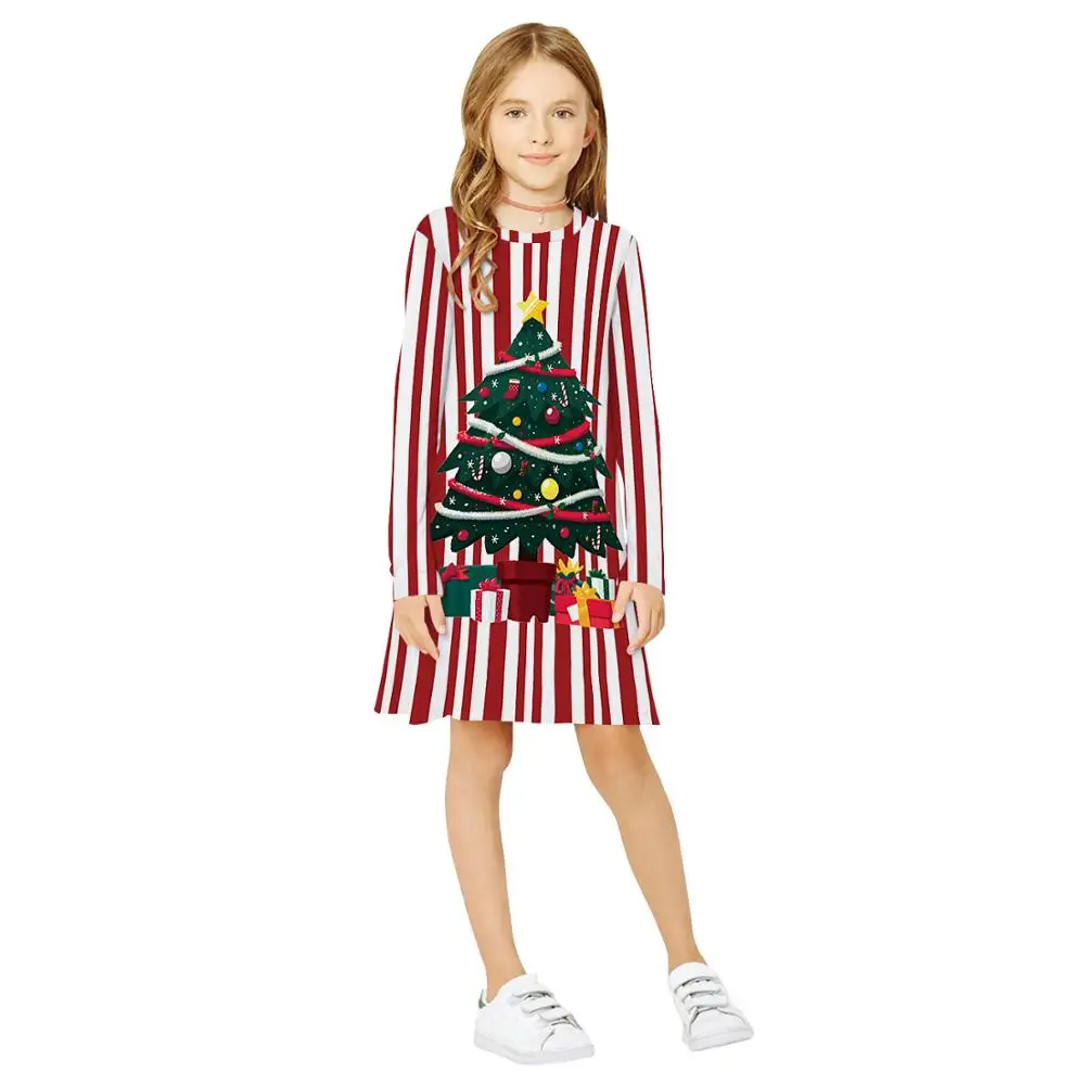 Платья для девочек с рождественским принтом повседневные платья с длинными рукавами для девочек детская одежда, костюм От 4 до 8 лет