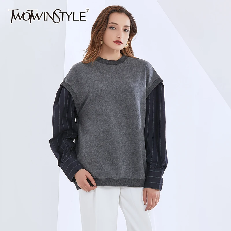 

TWOTWINSTYLE Casual Patchwork Striped Sweatshirt For Women O Neck Long Sleeve Loose Sweatshirts Female 2020 Autumn Fashion New