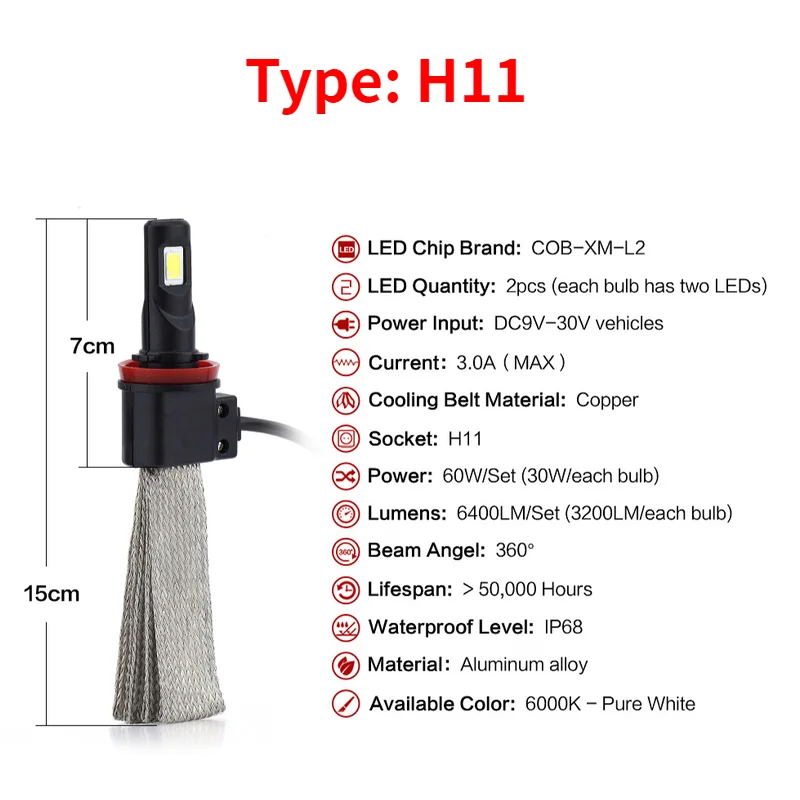 2 шт. автомобилей головной светильник лампы S7 светодиодный авто лампы светильник H1 H3 H27 H7 H11 HB3 HB5 880 9005/HB3 9006/HB4 H4 HB1 12V 60W 6000K лампа - Испускаемый цвет: H8 H9 H11