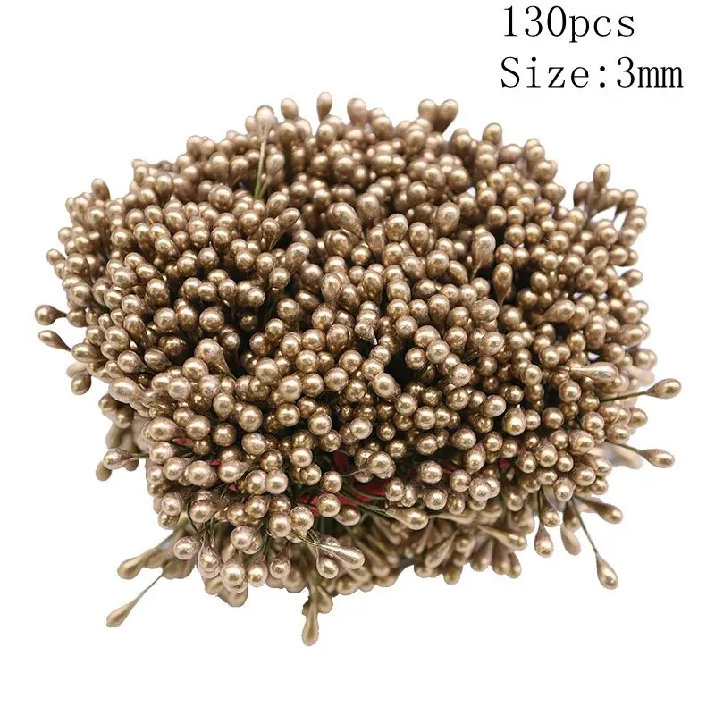 3mm/5mm/8mm Red Stamen DIY Wreath Artificial Flower Wire Stamens Cake Decoration Gift Box Accessories Wedding Xmas Party Supplie - Цвет: 130pcs 3mm gold