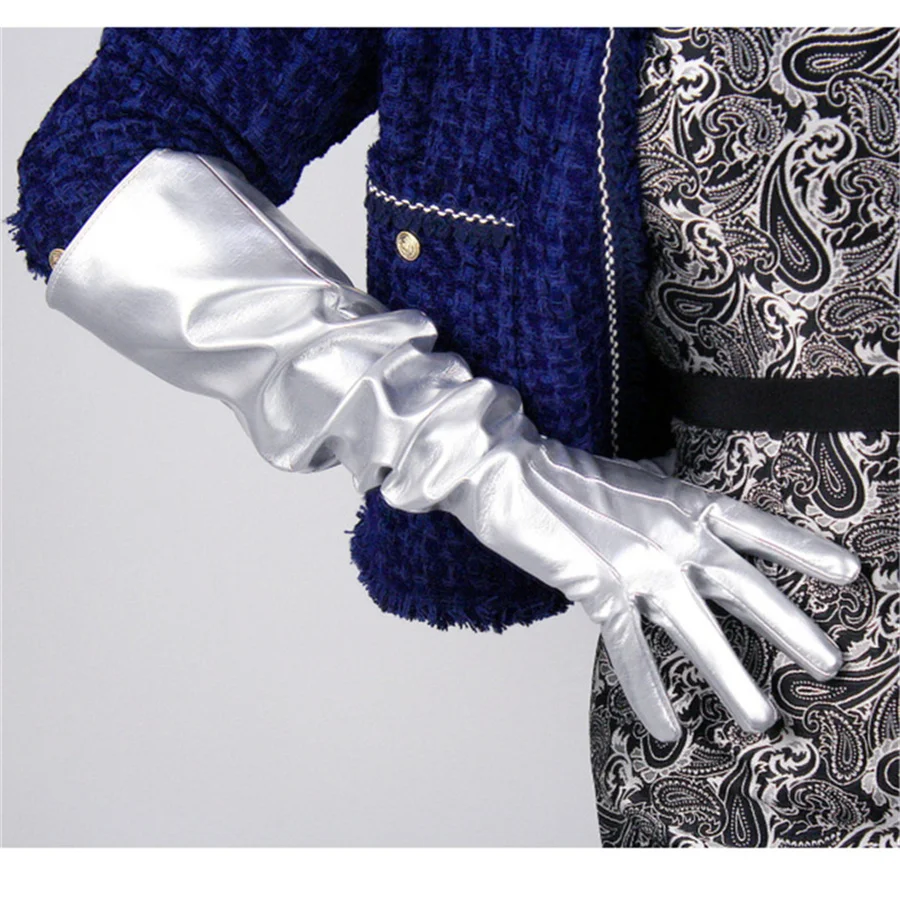 

Women Patent Leather Long Gloves 50cm Large Sleeves Simulation Leather Mirror Bright Skin Rose Red DL-MH1