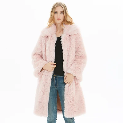 light pink Новинка, женское модное длинное пальто из искусственного меха, пальто с отложным воротником, плотное пальто большого размера - Цвет: light pink