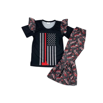 

baby girls boutique clothing sets ruffle Short sleeve summer 2 piece fire fighting truck pattern costume