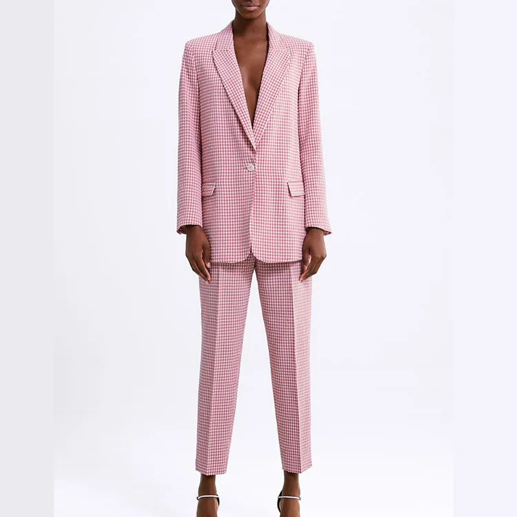 

Overplus of Goods Exported to Europe And US Spring And Summer New Style Women's Long-sleeved Pink Vichy Lattice Slim Fit Suit +