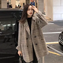 Женский зимний костюм куртка свободные блейзеры женский офисный костюм для дам Карманный деловой блейзер с вырезом пальто длинное клетчатое пальто