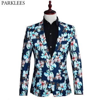 

Fashion Floral Jacquard Blazer Men Casual Slim Fit One Button Mens Suit Jacket Wedding Prom Stage Singer Blazer Costume Homme