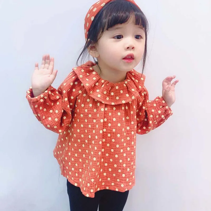 Girls Shirt Tops Fashion Children Baby Girl Polka Dot Printing Long Sleeve Lotus Collar Shirt Kids Spring Autumn Casual Blouse - Цвет: Red