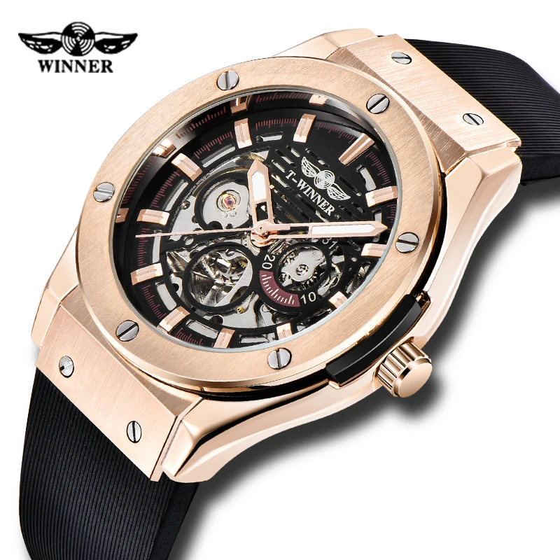 

New Style WINNER Military Mens Automatic Watches Skeleton Dial Rubber Strap Clock Rose Gold Case Luminous Hands Wristwatches