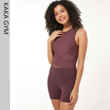 Женская эластичная трикотажная ткань для тренировки, фитнес-кроп-топ, Женский облегающий топ с круглым вырезом для спортзала атлетики, майка для бега