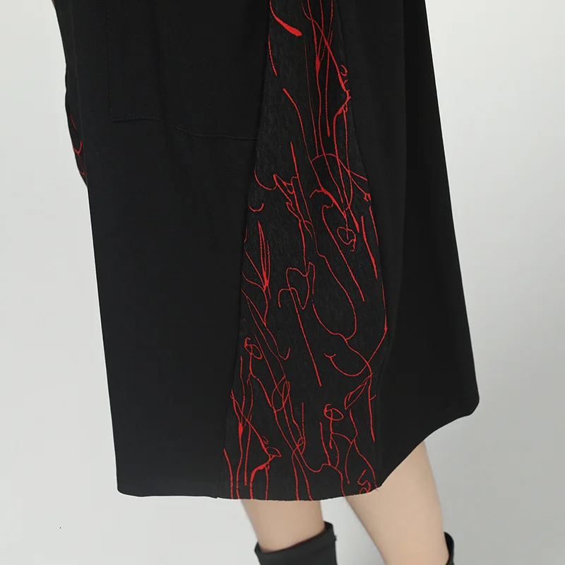 [EAM] женское платье с принтом и разрезом большого размера, новинка, круглый вырез, длинный рукав, свободный крой, мода, весна-осень, 19A-a170