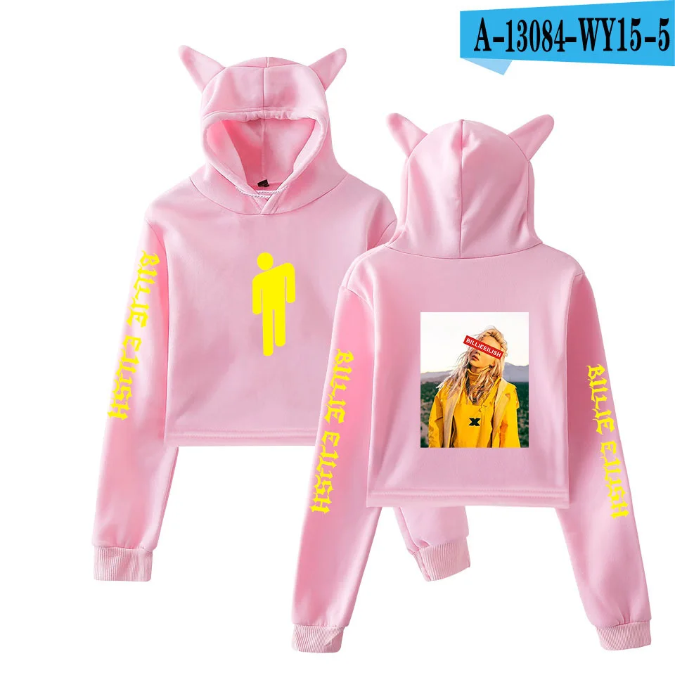 Kawaii Billie Eilish, укороченный топ, толстовки, Harajuku, с длинным рукавом, негабаритный, Billie Eilish, пуловер, осенний, Повседневный, с котом, короткий свитер - Цвет: 010