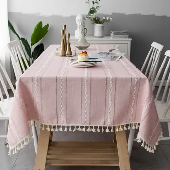 

Nordic Pink Hollow Embroidered Jacquard Striped Rectangle Table cloth Christmas Tablecloth Cotton Linen Dining Table Cover Deco