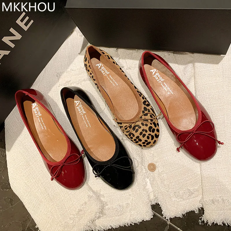 

MKKHOU Fashion Flat Shoes New High Quality Genuine Leather Round Toe Shallow Mouth Sweet Ballet Shoes Soft Light Shoes Driving