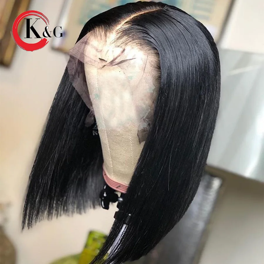 

KunGang Short Bob Lace Front Human Hair Wigs Bleached Knots Brazilian Non-Remy 13*4 Lace Wigs Pre-Plucked Wigs 130% Density