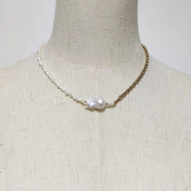 

handmade stainless steel chain genuine Baroque pearl pendant necklace accessory for women charm choker 2021 new