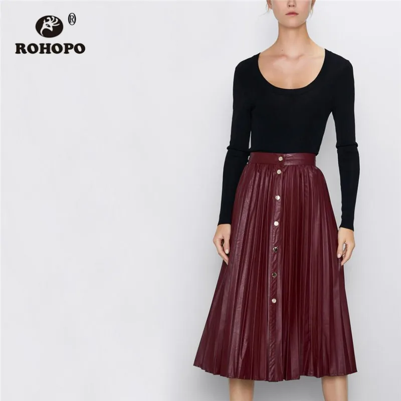 ROHOPO, высокая талия, пуговицы спереди, плиссированная Красная кожаная юбка миди, расклешенная, макси, осенняя, женская, искусственная кожа, до середины икры, гармошка, Falda#1376