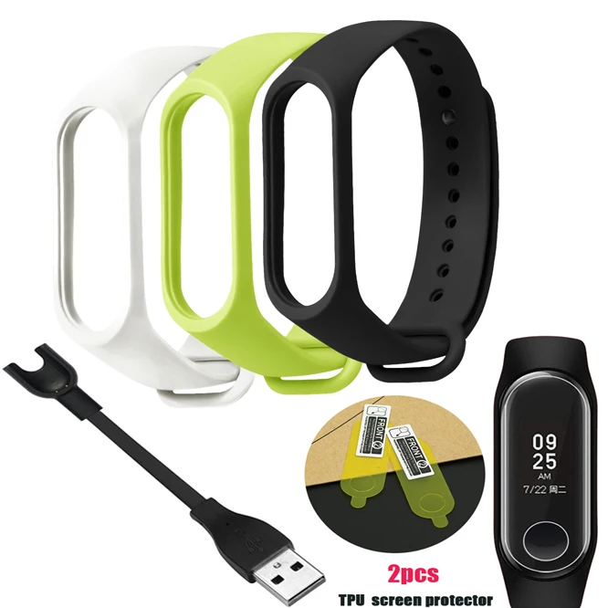white-green-black YHNUJM Сменные ремни+ usb-кабель для зарядки+ 2 шт Защитная пленка для экрана для Xiaomi Mi Band 3 умный силиконовый браслет - Цвет: white-green-black