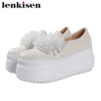 

Lenkisen white sneaker full grain leather round toe high heels thick bottom rhinestone elastic band women vulcanized shoes L06